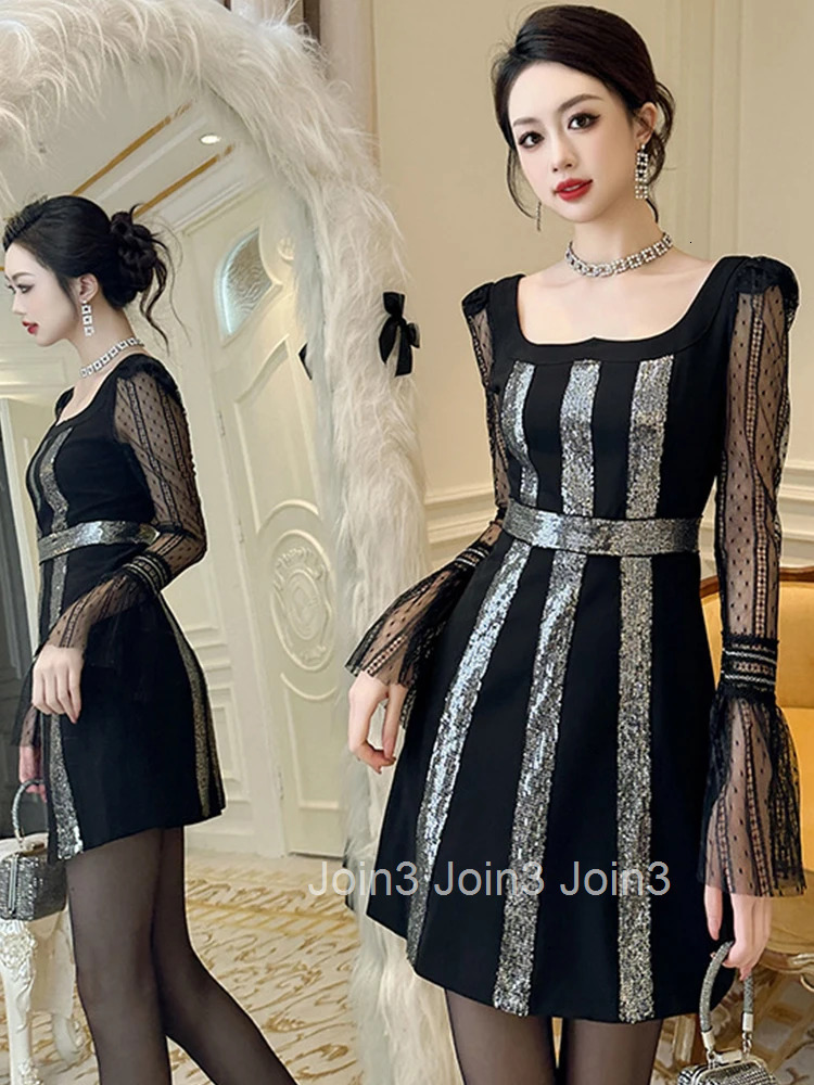 New Spring Fashion Lady Black Sequin Evening Short Dress Women Clothes Elegant Sheer Sexy Square Collar Slim Party Prom Vestidos