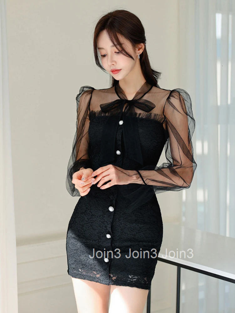 Sexy Temperament Bodycon Dress Women Fashionable Sweet Sheer Mesh Bow Bandage Lace Single Breasted Short Gown Party Vestidos New