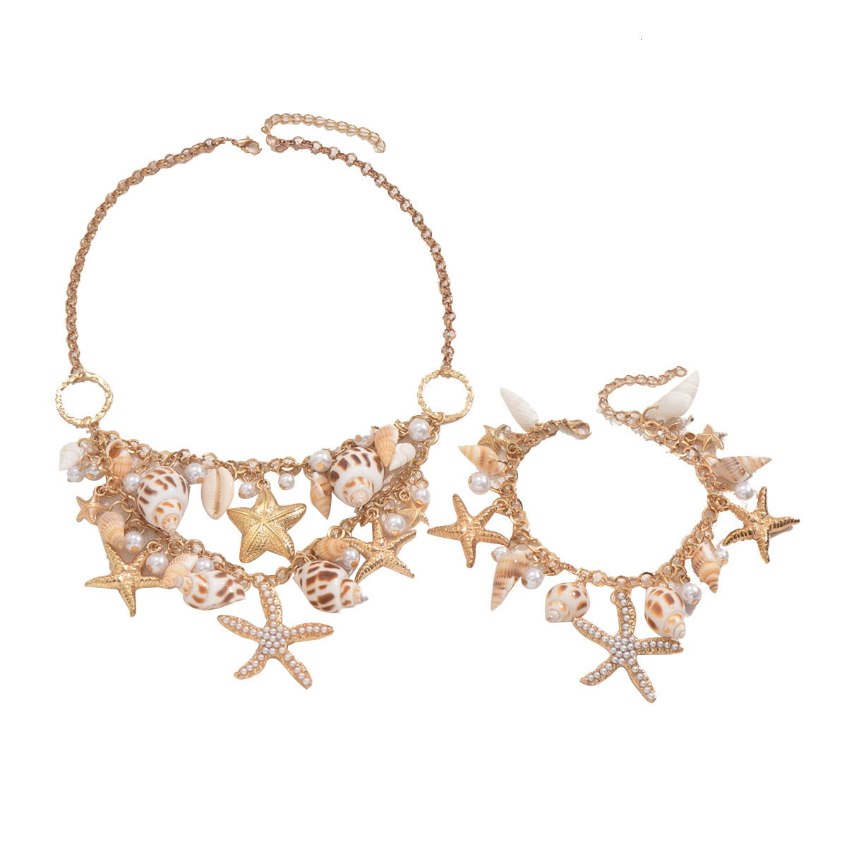 Ocean Style Women's Necklace Bracelet Set with Unique Starfish and Shell Inlaid Pearl Design Choker Jewelry