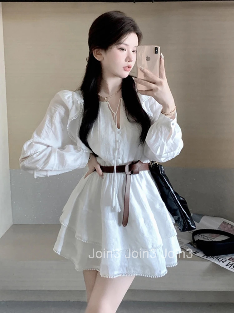 New Autumn Fashion Sweet White Ruffle V-Neck Short Dress Women Lady Casual Puff Sleeve Slim Belt A-Line Vestidos Street Clothes
