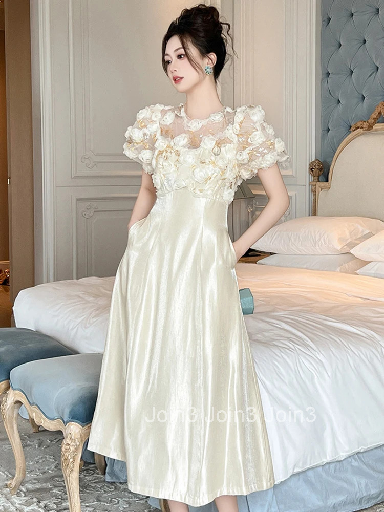 Summer Casual Sheer Sexy O-Neck Evening Dress Women Clothes Sweet Floral Puff Sleeve Slim Midi A-Line Robe Party Prom Vestidos