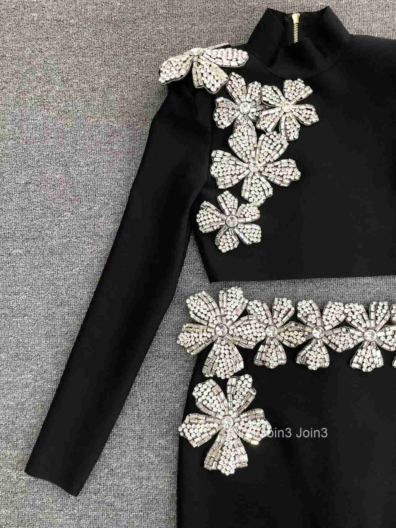 Hot Selling Fashion Women Half High Neck Long Sleeved Floral Diamond Short top Hip Wrapped Skirt Black Bandage Two-piece Sets
