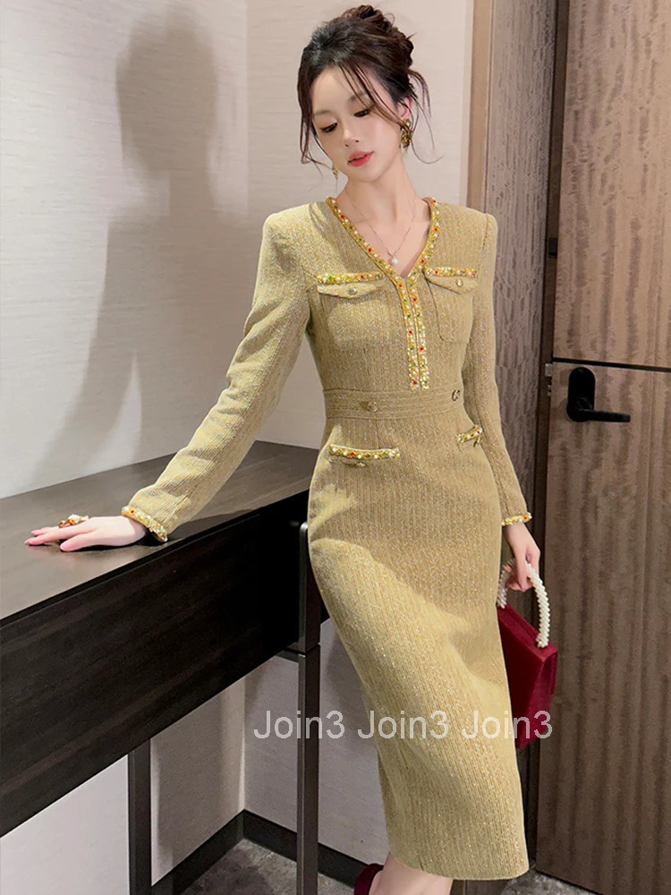 Women Clothes Formal Occasion Retro Tweed V-Neck Slim Midi Pencil Dress Elegant Fashion Party Vestidos Casual Autumn Winter New