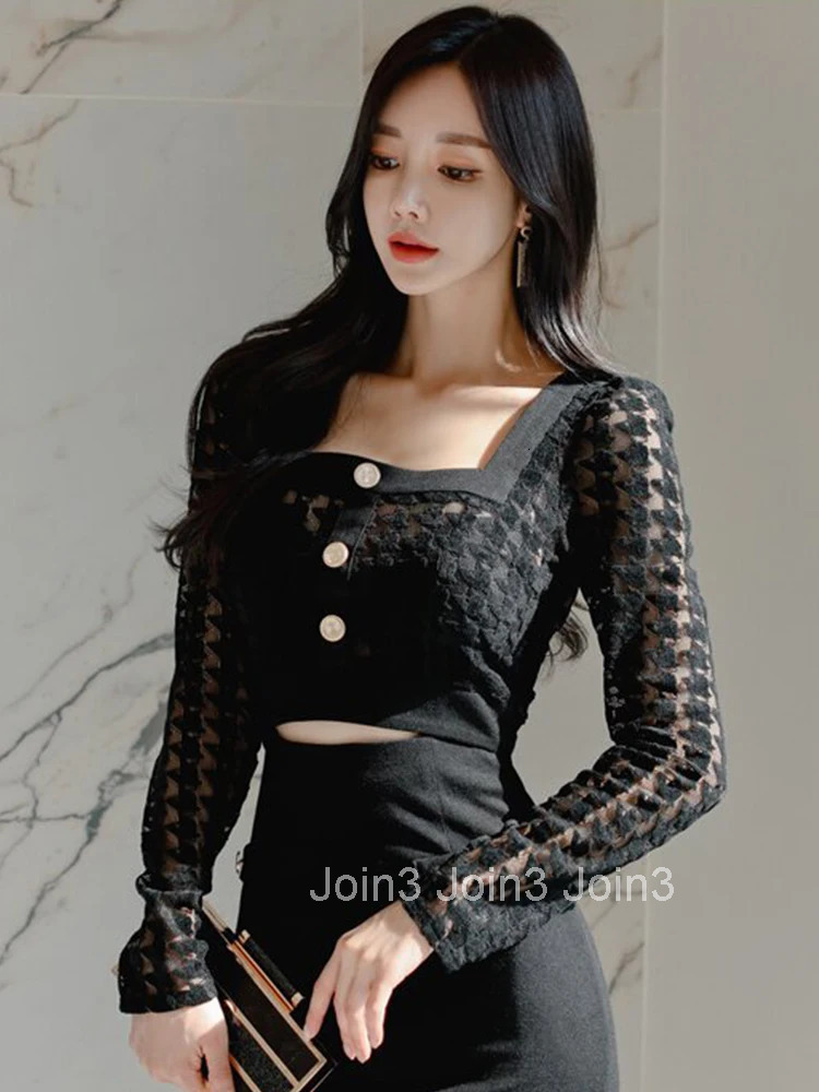 Fashion Korean Style Women Retro Sexy Square Collar Perspective Hollow Midi Party Club Dress OL Elegant Temperament Split Dress