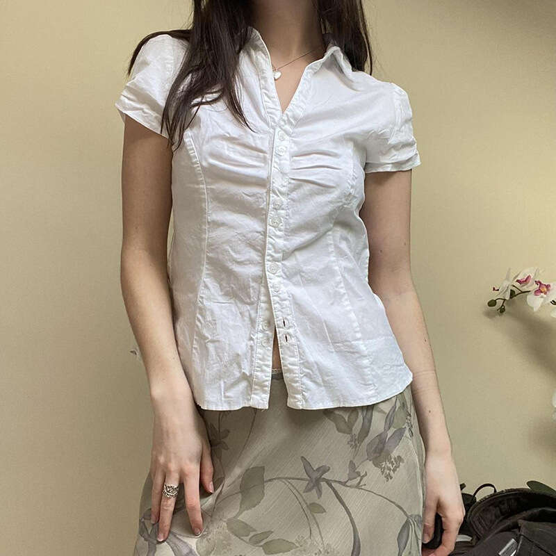 Ins American Style Light Mature Niche Design Pleated Turn-Down Collar Waist-Tie Solid Color Short Sleeve Slim Fit Commuter Shirt For Women B5