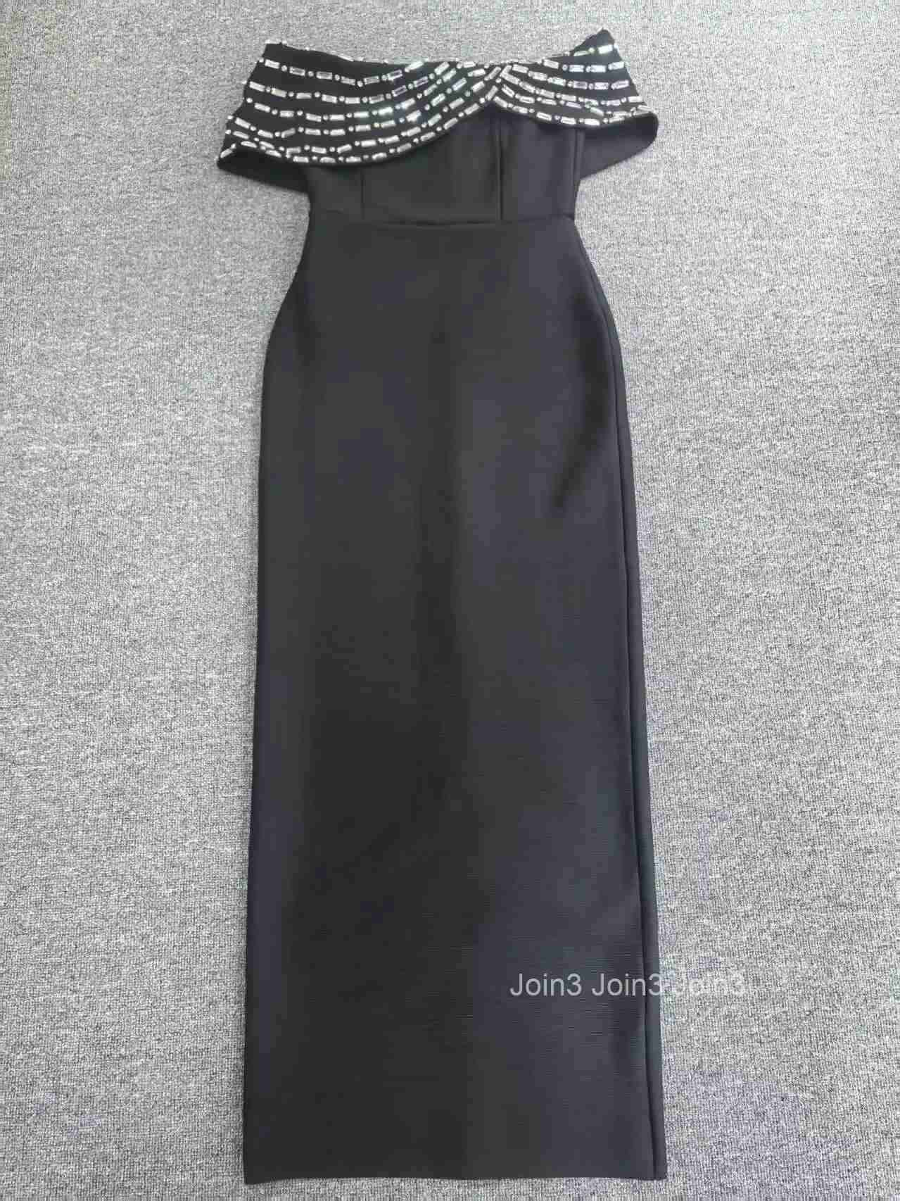 High-End Elegant Womens New Black Crystal Dress Waist-Cinching Sexy Slim-Fit Evening Gown