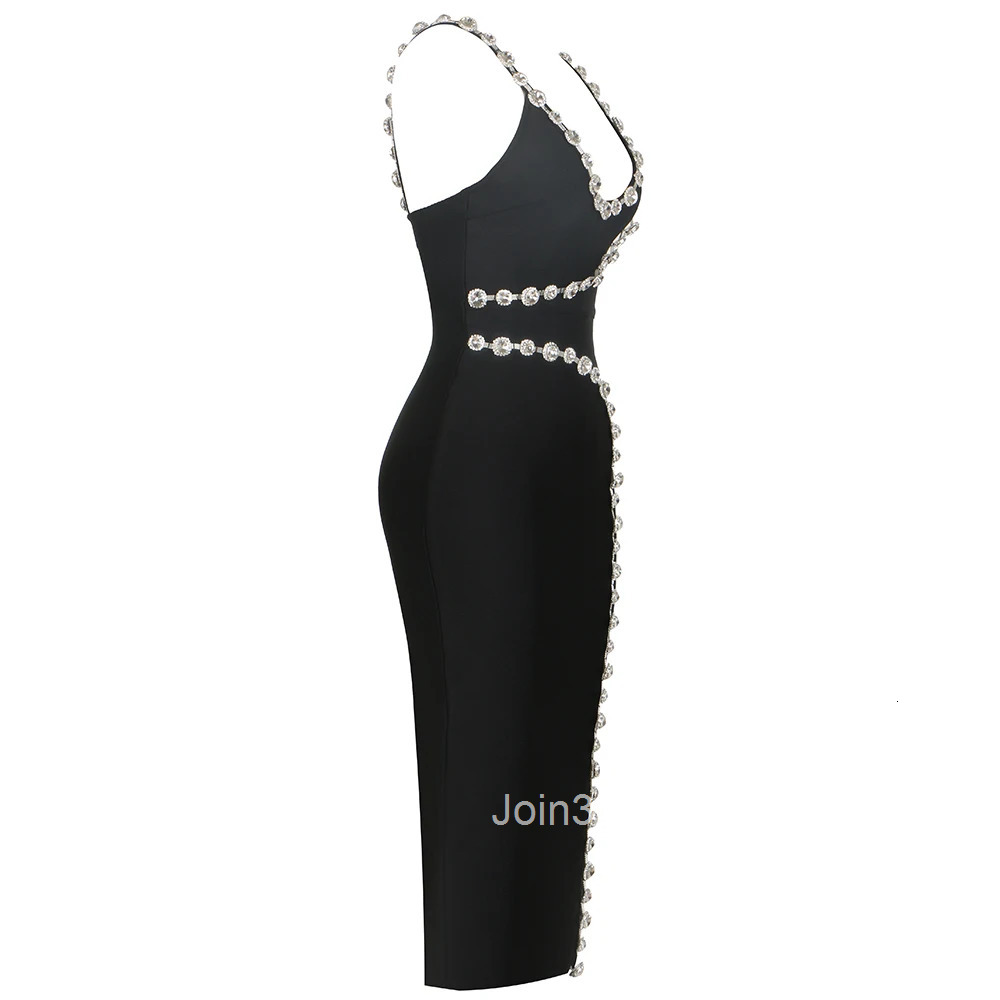 Newest Fashion Women Black Bodycon Bandage Dress Flash Diamond Embellished Spaghetti Strap Elegant Evening Party Red Carpet Gown
