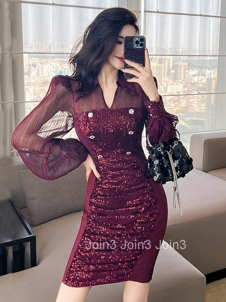Autumn Fashion Retro Sequins Sheer Sexy Evening Dress Women Clothes Elegant Lantern Sleeve Slim Short Party Prom Vestidos Fiesta