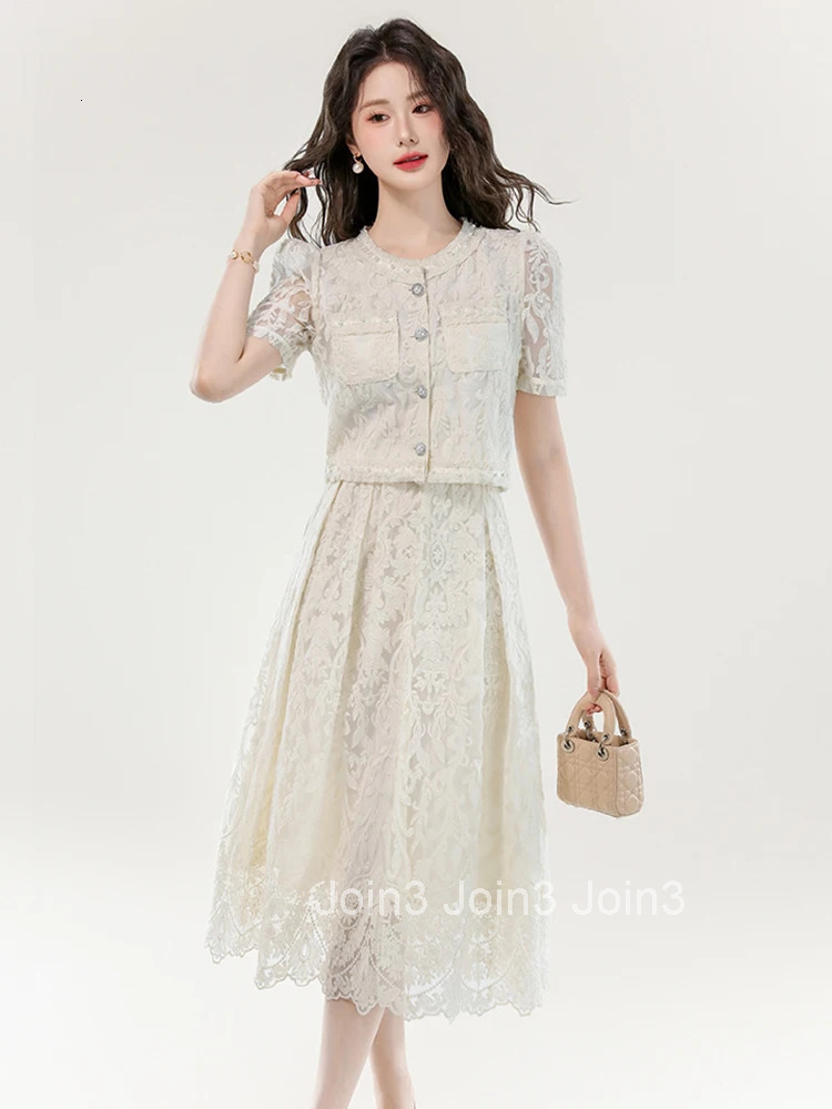 Women Clothes Sweet Lace Floral Outfits Elegant Single Breasted Tops Shirt Blouse And A-Line Skirt Mujer 2 Pieces Set Casual New