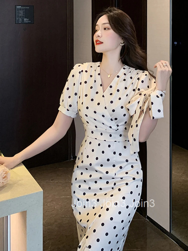 Summer Elegant Office Women Short Dress Formal Chic Satin Vintage Dot Sexy V-Neck Slim Mini Party Mujer Vestidos Street Clothes