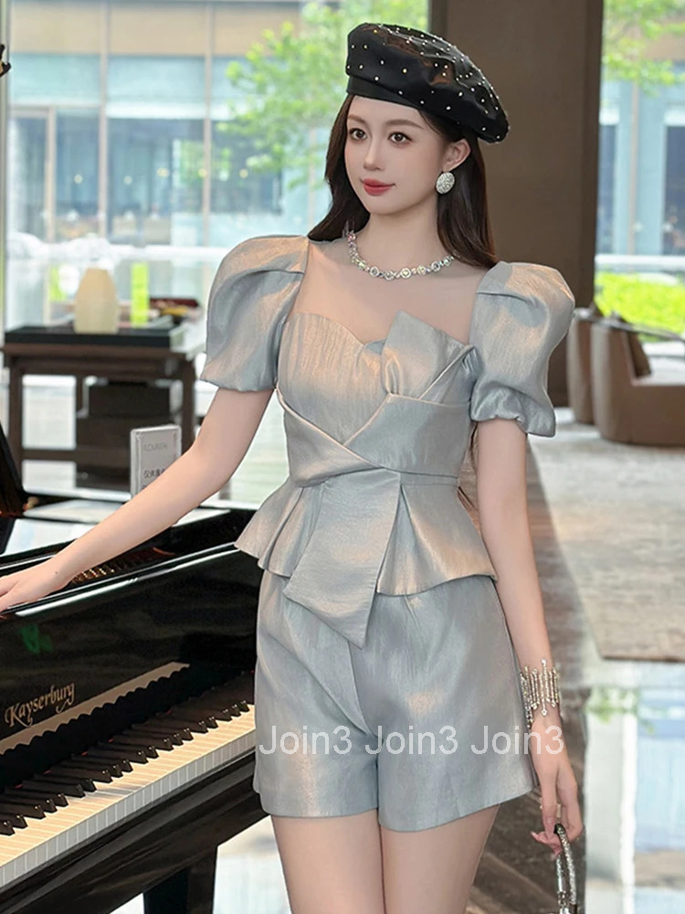 New Elegant Luxury Diamonds Satin Solid Short Shirt Women Clothes Retro Puff Sleeve Slim Folds Sweet Bow Mujer Tops Prom Blouse