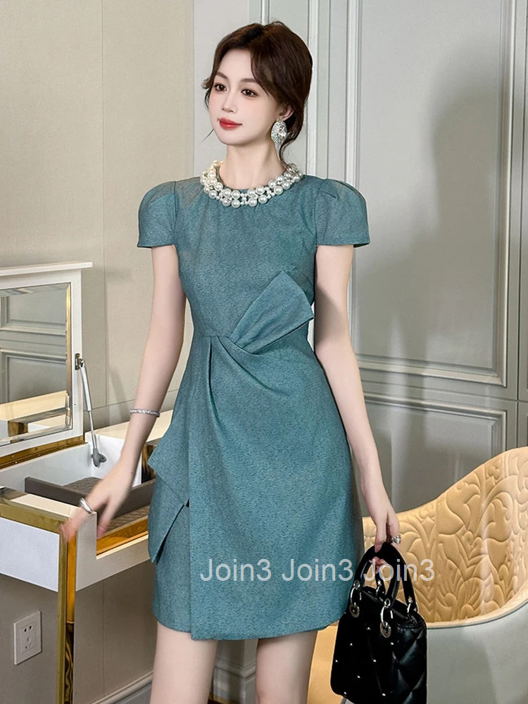 New Elegant Luxury Summer Busines Formal Occasion Dress Women Clothes Pearl O-Neck Slim Asymmetrical Party Prom Vestidos Fiesta