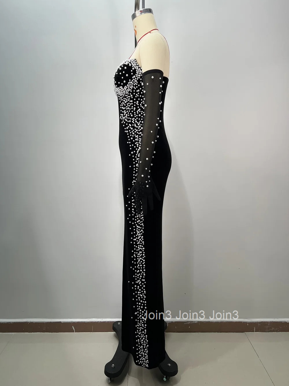 Black Elegant Strapless Dress For Women Sleeveless Backless Bodycone Long Skirt With Gloves Chic Bubble Beads Party Gown 72hShip