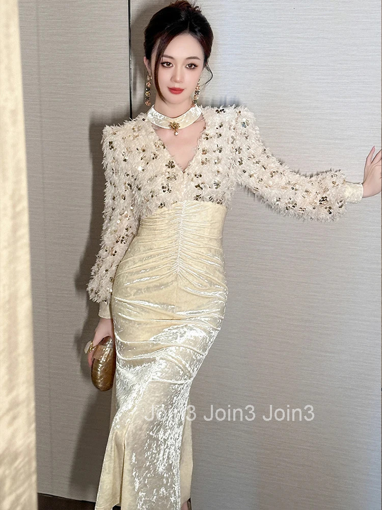 Women Clothes Retro Velvet Sequin Hollow Sexy O-Neck Folds Skinny Midi Evening Dress Elegant Fashion Party Prom Vestido Robe New