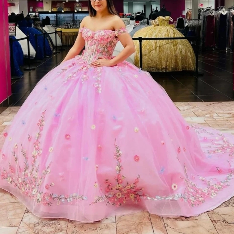 Pink Princess Ball Gown Quinceanera Dresses Colorful Floral Applique Beaded Corset Tull Sweet 16 Dress Vestidos De 15 Anos