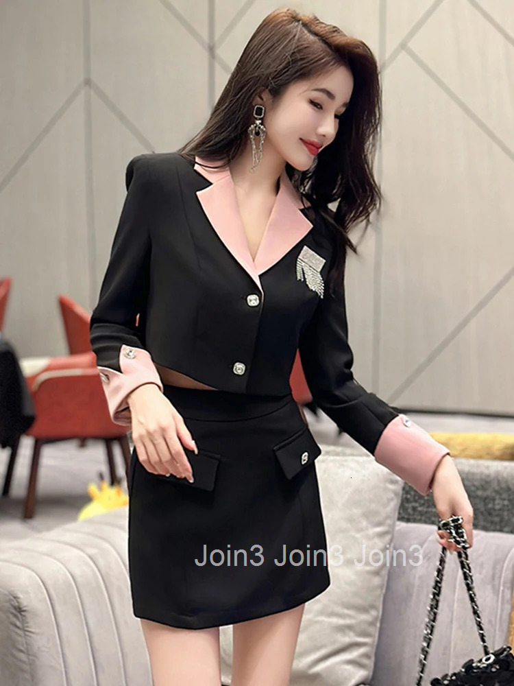 New Fashion Ladies Black Formal 2 Pieces Outfit Suits Women Clothing Cropped Tops Coat Blazer Suit And Mini Skirt Pant Short Set