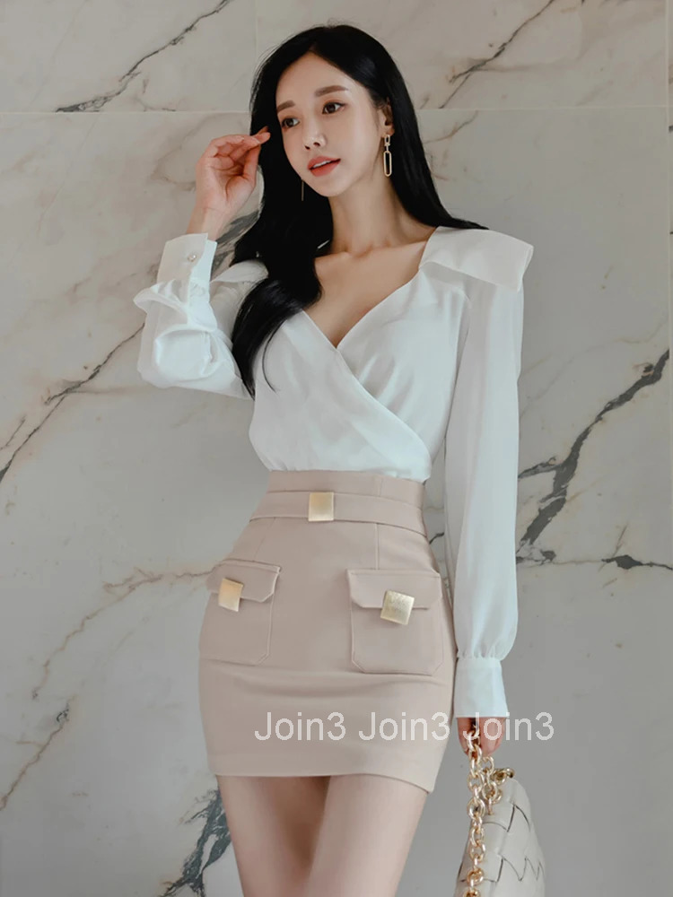 New Spring Autumn Sexy 2 Pieces Outfits Elegant Women Chic White V-Neck Tops Shirt Blouse Femme High Waist Mini Skirt Mujer Sets