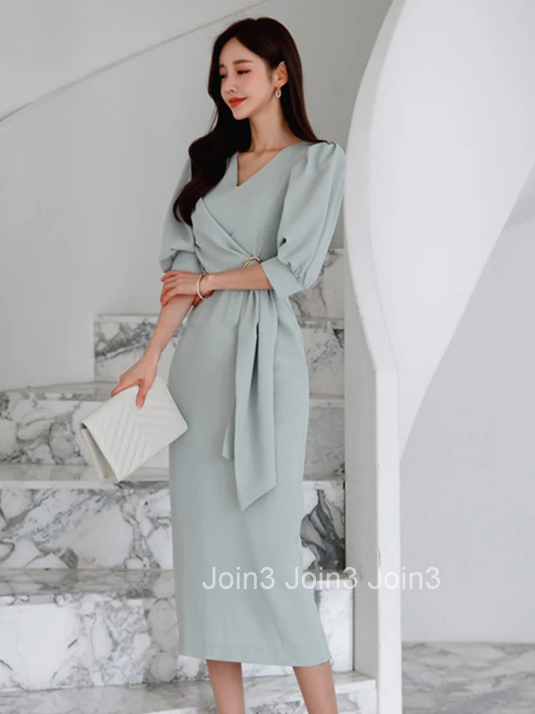 Elegant Office Lady Women Dress Temperament Chic Casual Ribbon V-Neck Slit Midi Party Work Style Street Robe Femme Mujer Vestido