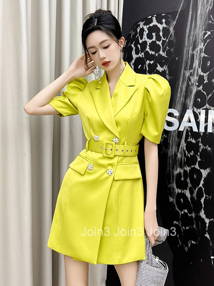 New Summer Luxury Elegant Women Evening Short Dress Blazer Commute Formal Satin Puff Sleeve Belt Slim Mini Party Mujer Vestidos