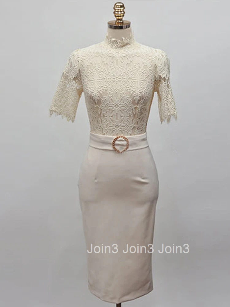 New Summer Elegant Office Women Evening Dress Chic Lace Sheer Stand Neck Slim Midi Pencil Party Club Prom Femme Mujer Vestidos