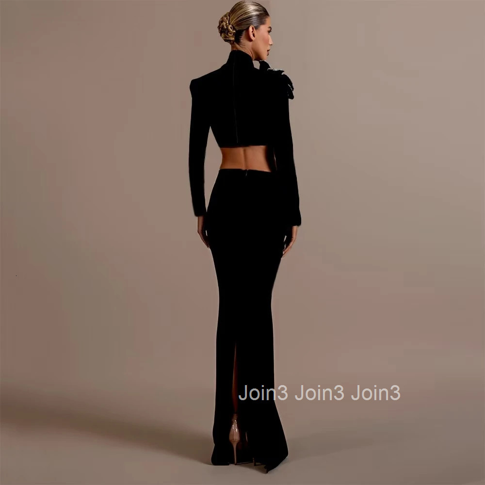 Hot Selling Fashion Women Half High Neck Long Sleeved Floral Diamond Short top Hip Wrapped Skirt Black Bandage Two-piece Sets