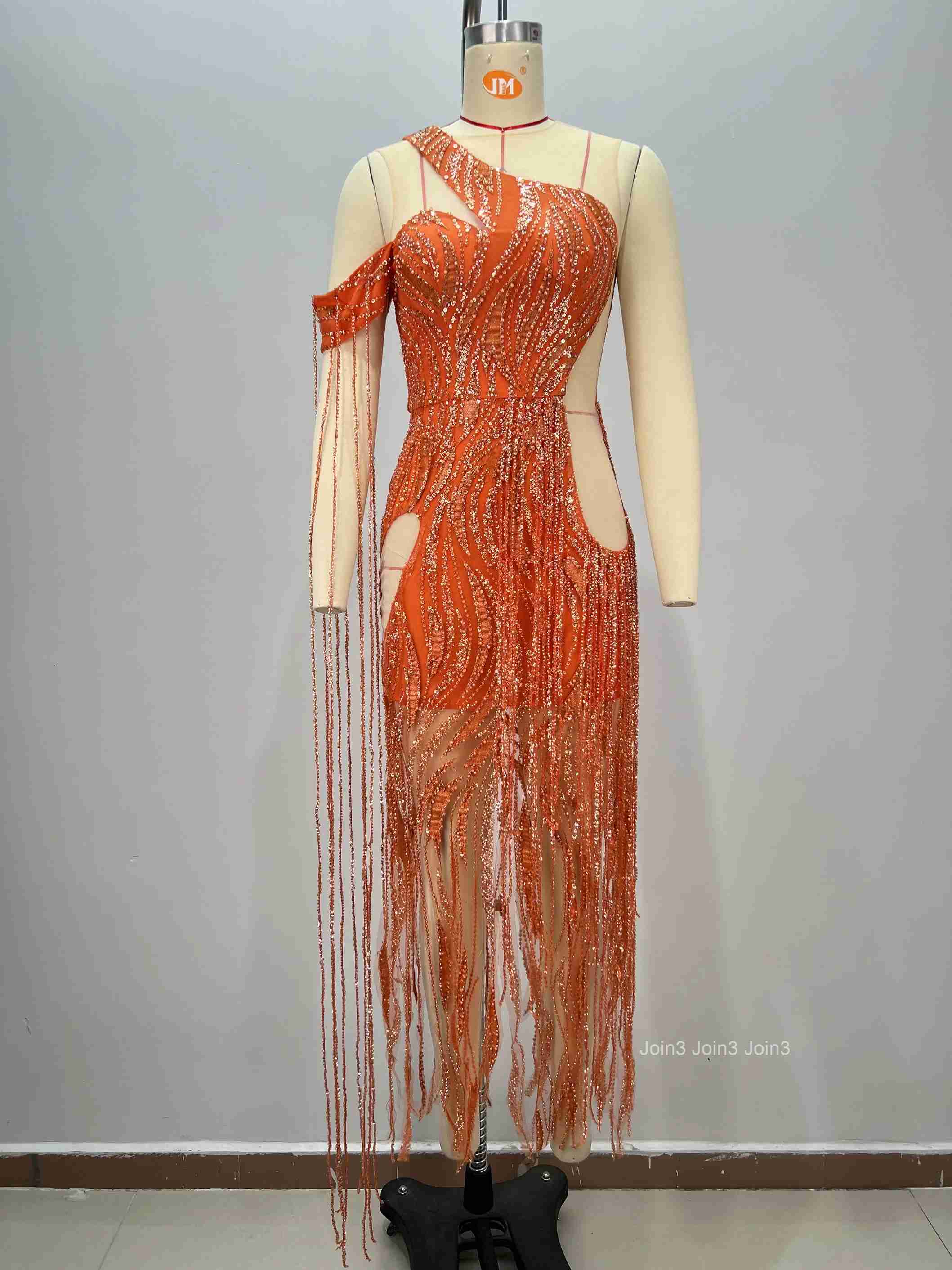 Womens Red Orange Bandage Dress One Shoulder Sequin Fringe Cut-Out High Slit Evening Gown Formal Party Wear
