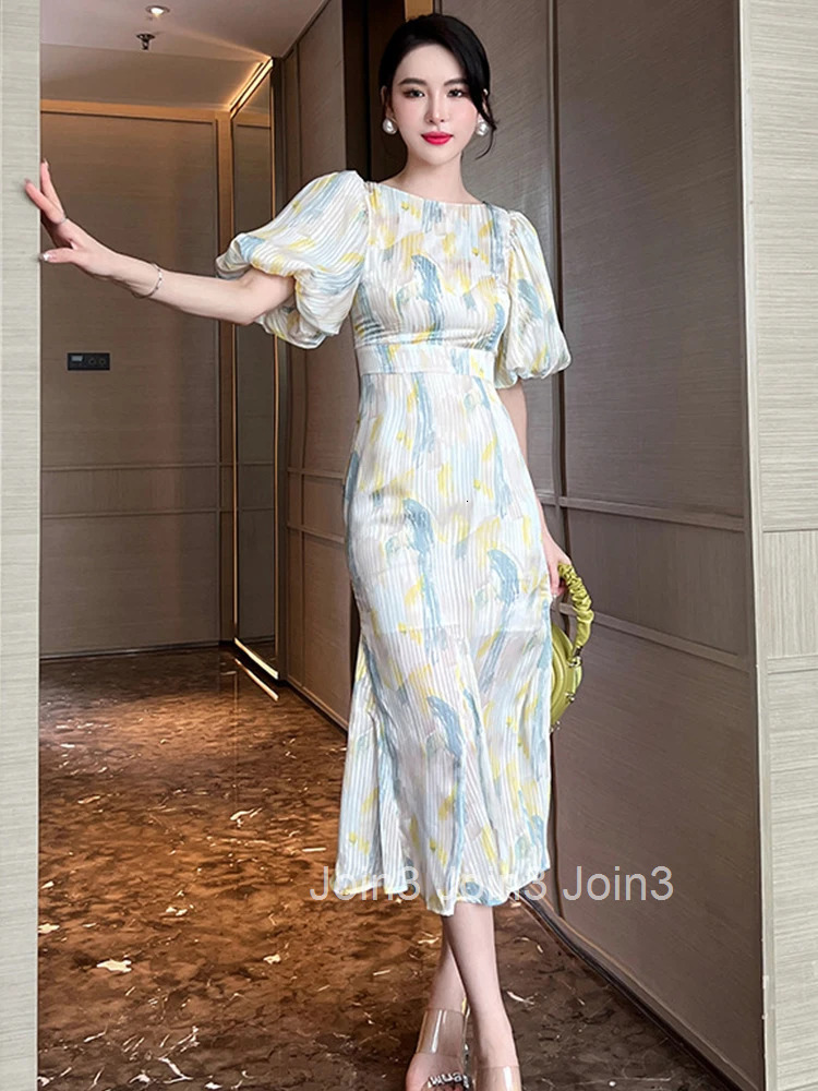 Satin Elegant Women Evening Dress Sheer Puff Sleeve Mermaid Midi Party Gown Robe Femme Ropa Mujer Verano Vestidos High Quality