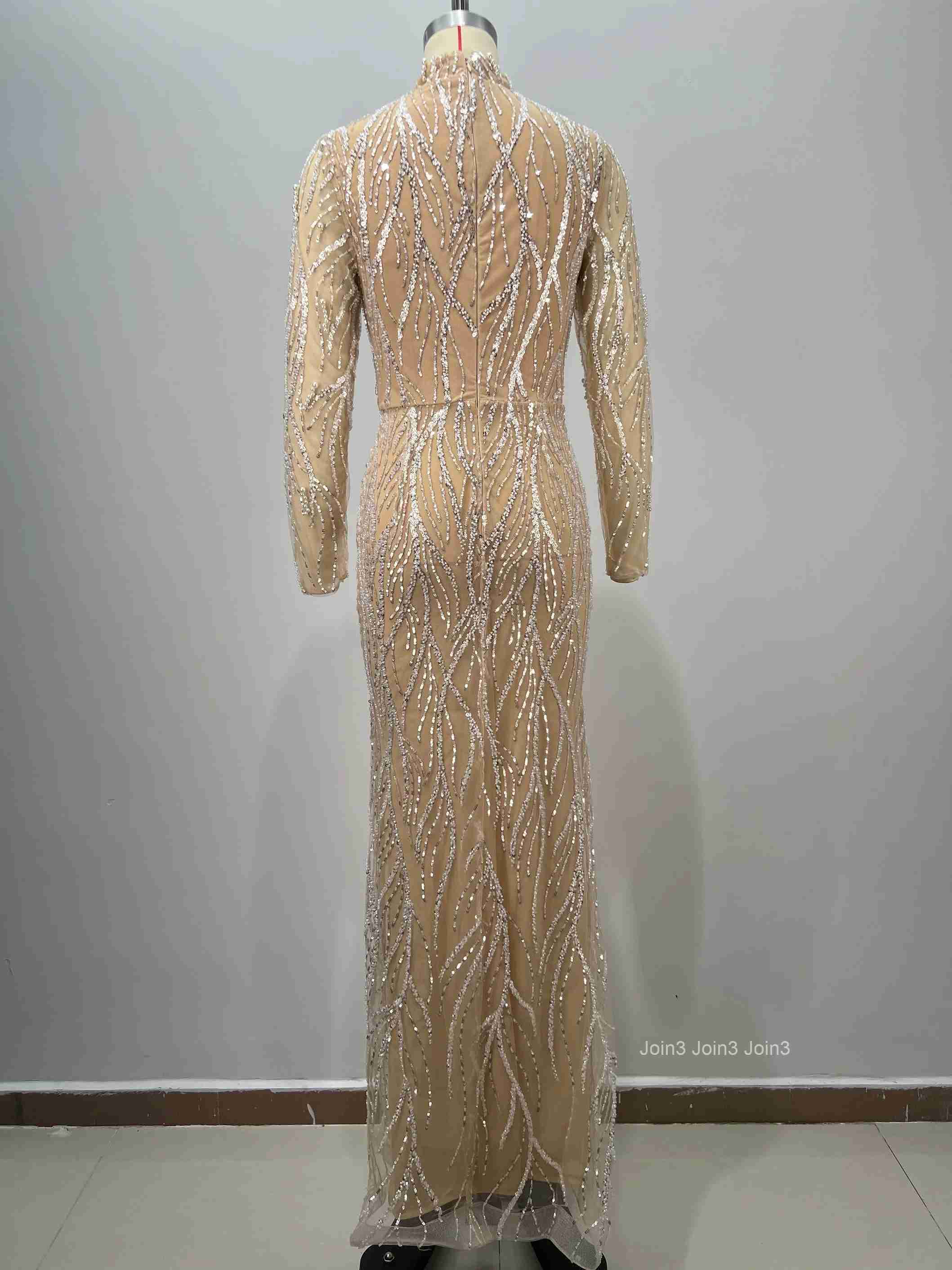 Womens Apricot Bandage Long Sleeve High Neck Gown Sheer Lace Applique with Crystal Sequin Beads for Formal Evening Red Carpe