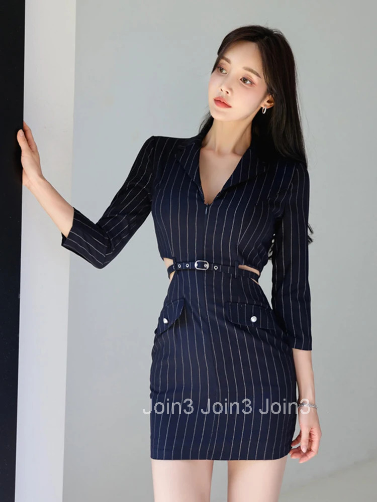 French Style Fashionable Dress Women Korean Professional Exposed Waist Stripes Hollow Belt Mini Gown Femme Office Lady Vesitdos