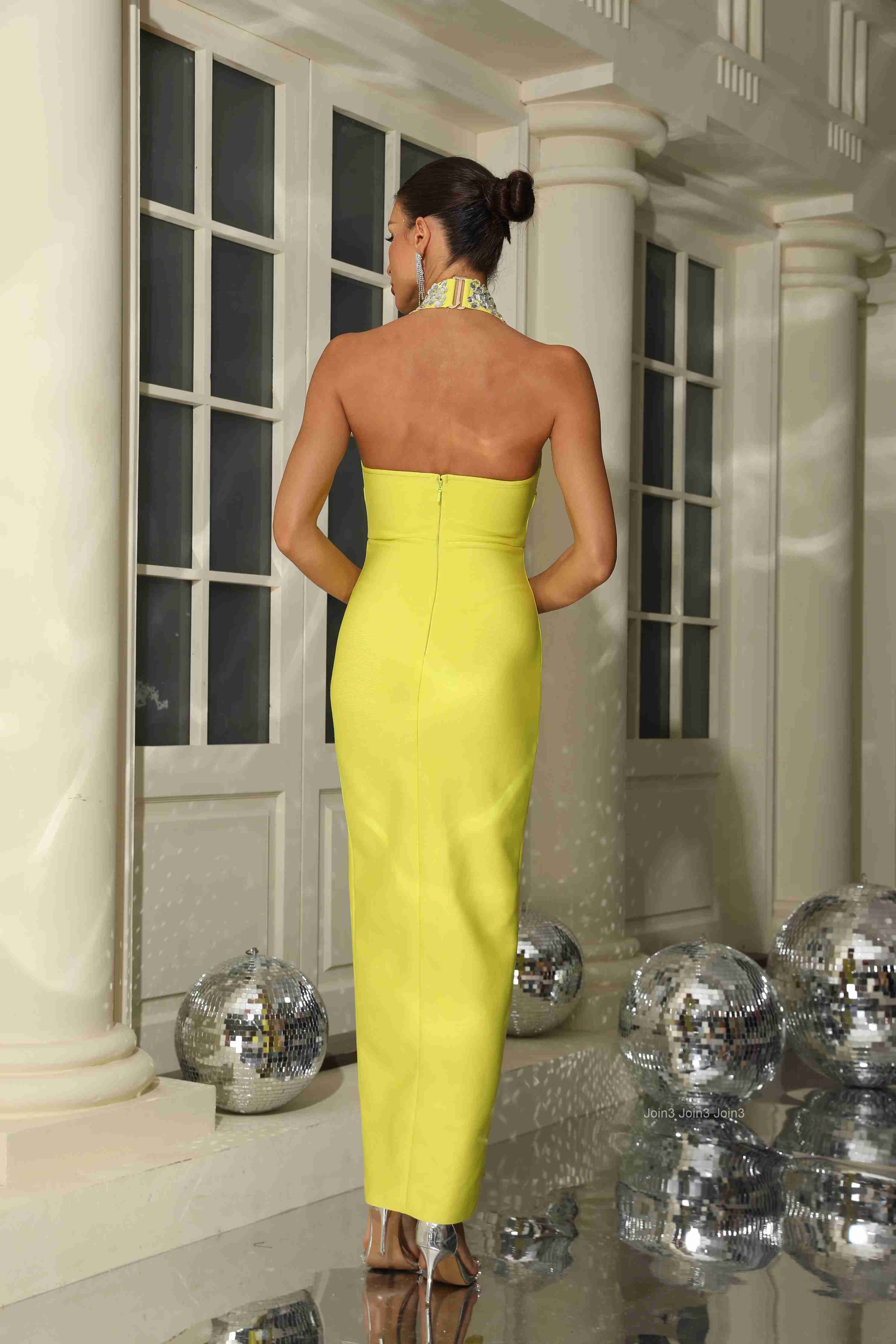 Autumn New Style Bandage Dress For Women Sexy Gauze Backless Slit Diamonds Long Skirt Celebrity Vestidos Evening Party Clothing