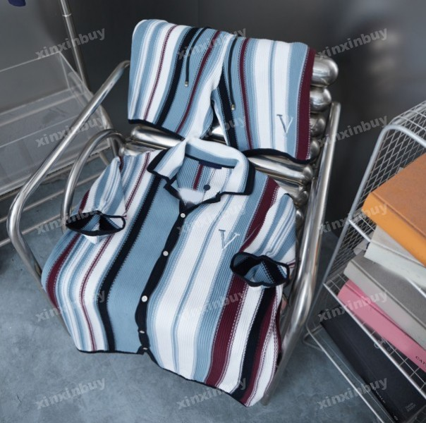 xinxinbuy Men designer Tee t shirt 25ss stripe Letter Jacquard embroidery Knitted sets suit short sleeve women blue black khaki orange gray S-XL