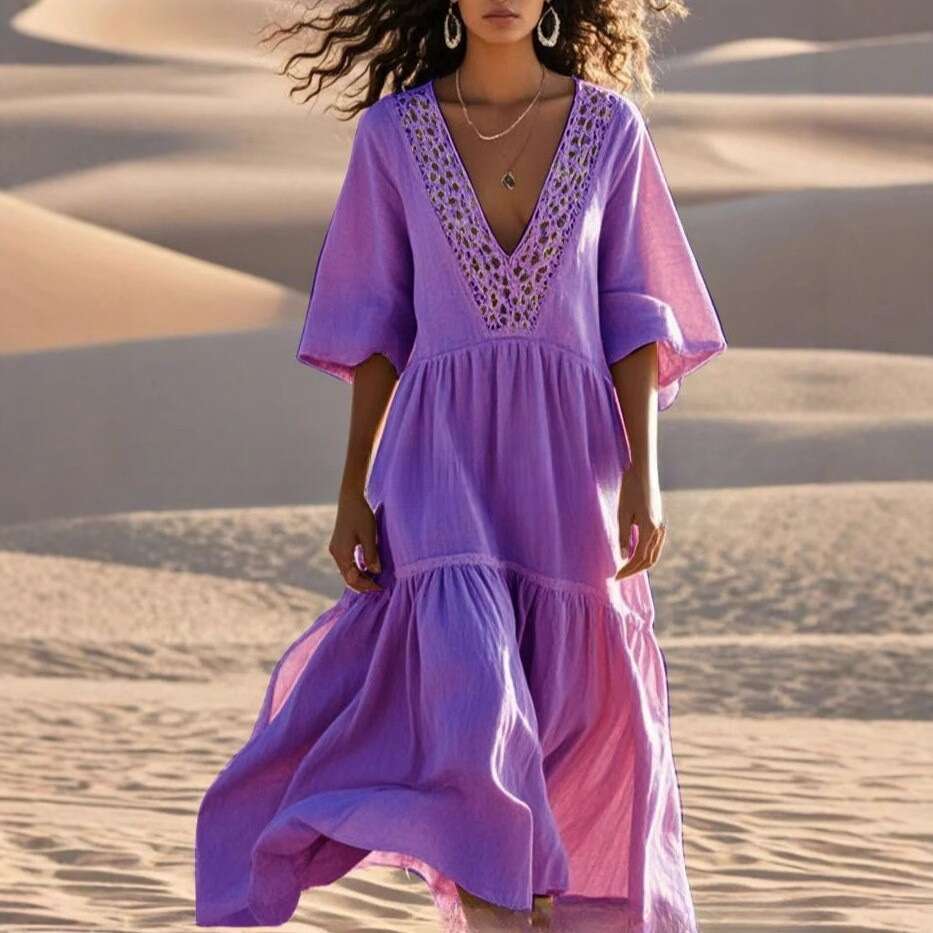 V-Neck Hollow Lace Beach Vacation Loose Swing Dress B5