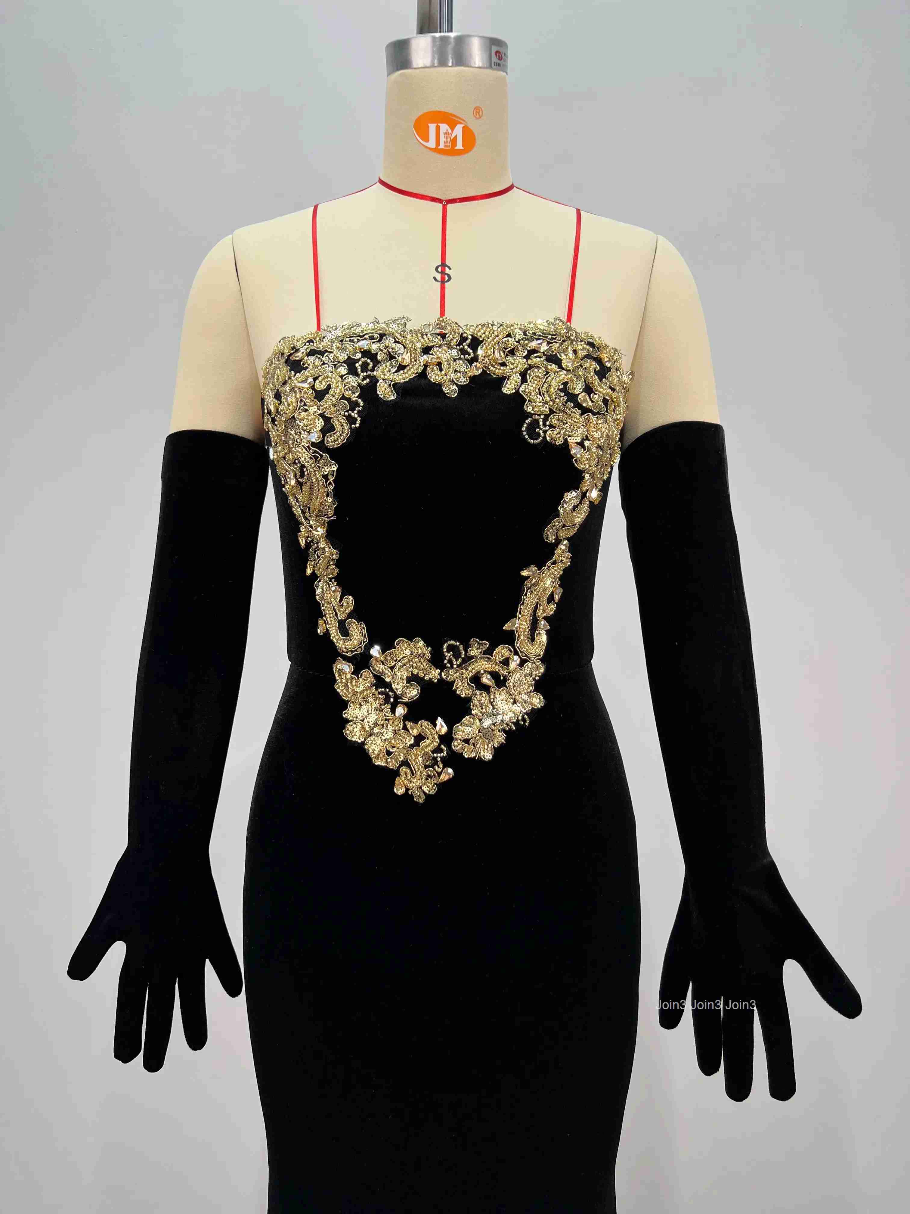 Womens Black Velvet Bandage Dress Gold Embroidered Strapless Backless Mermaid Gown Fishtail Evening Party Dress