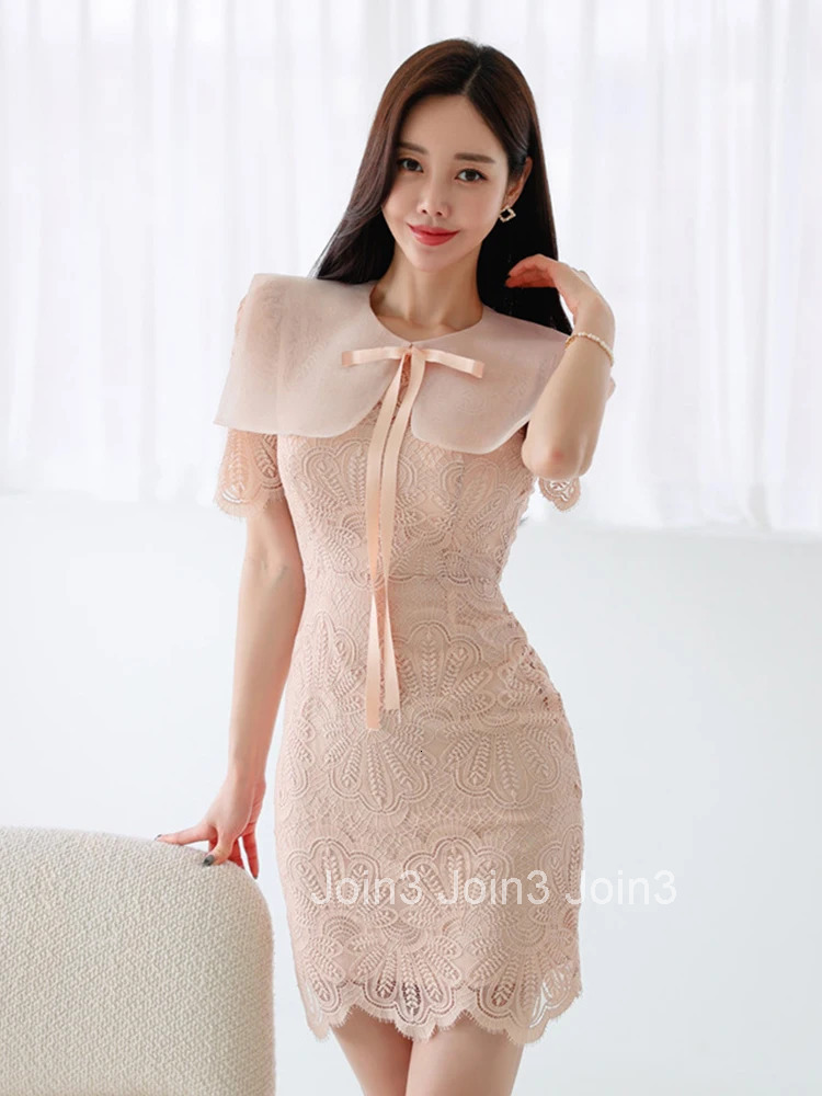 New Korean Summer Preppy Style Lace Pencil Short Dress Women Sweet Bow Peter Pan Collar Short Sleeve Slim Vestido Street Clothes