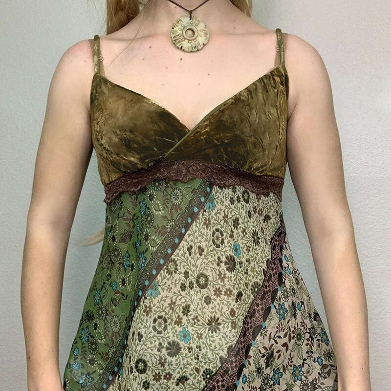 Forest Style Printed Irregular V-Neck Lace Trim Mid-Length Camisole B5