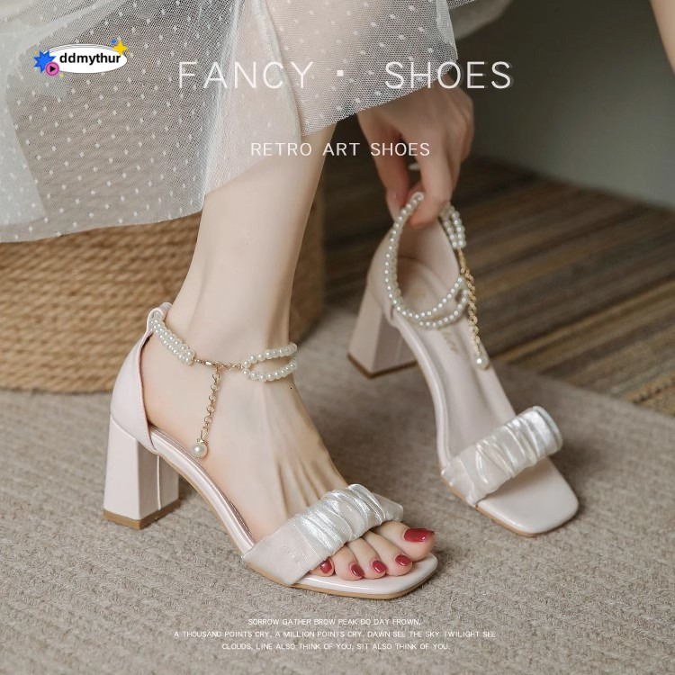 French Fairy Style for Women 2024 Summer Fashion Square Toe Pearl High Heels Niche Design Chunky Heel Sandals ddmythur