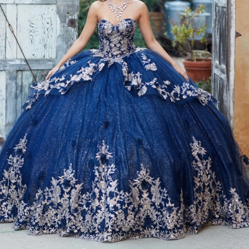 Navy Blue Shiny Ball Gown Quinceanera Dresses Applique Flower Beading Tull Sweet 16 Dress Vestidos De 15 Anos