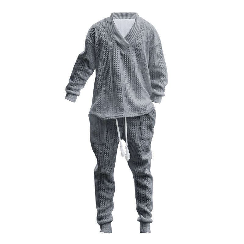 Hot-Selling Cross-Border New European and American Casual Long Pants V-Neck Versatile Jacquard Knit Sweater Men's Autumn Set