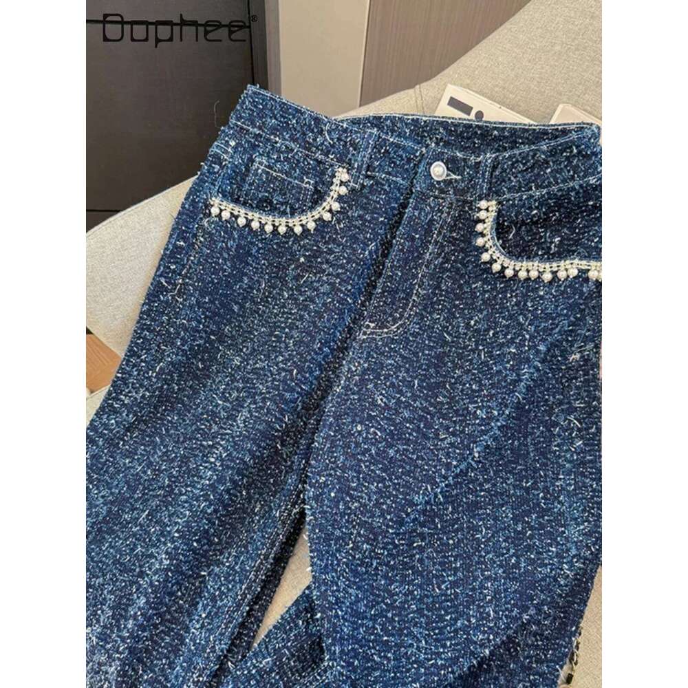 Hong Kong Style Spring Autumn OL High-End Tweed High-Waisted Pearl Rhinestone Pocket Straight Jeans Korean Chic Wide Leg Pants