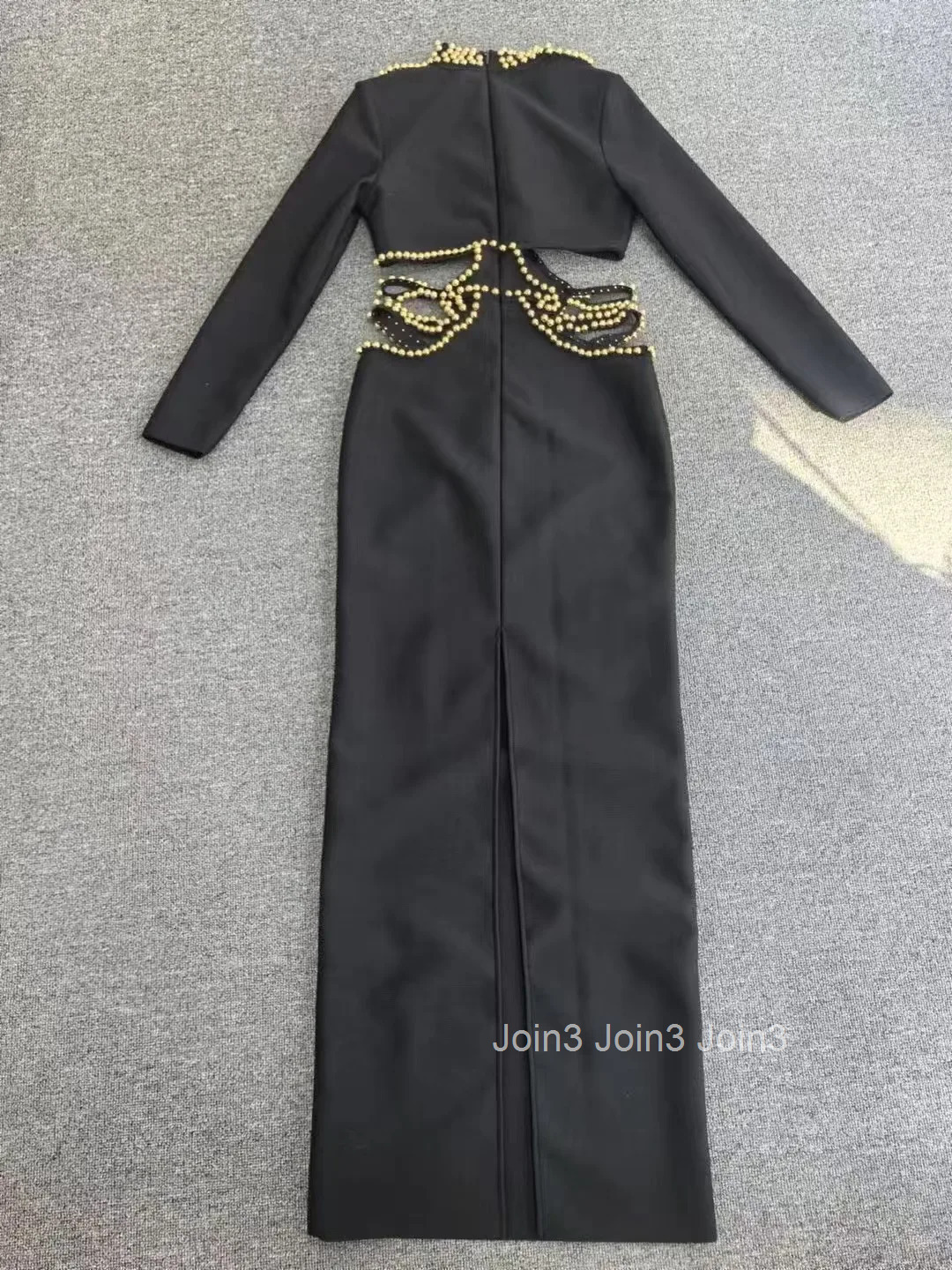 Women Evening Party Gown Black Long Sleeves Bandage Gown Sexy Hollow Waistless Fashion Embroidered Flare Half-high Neck Dress