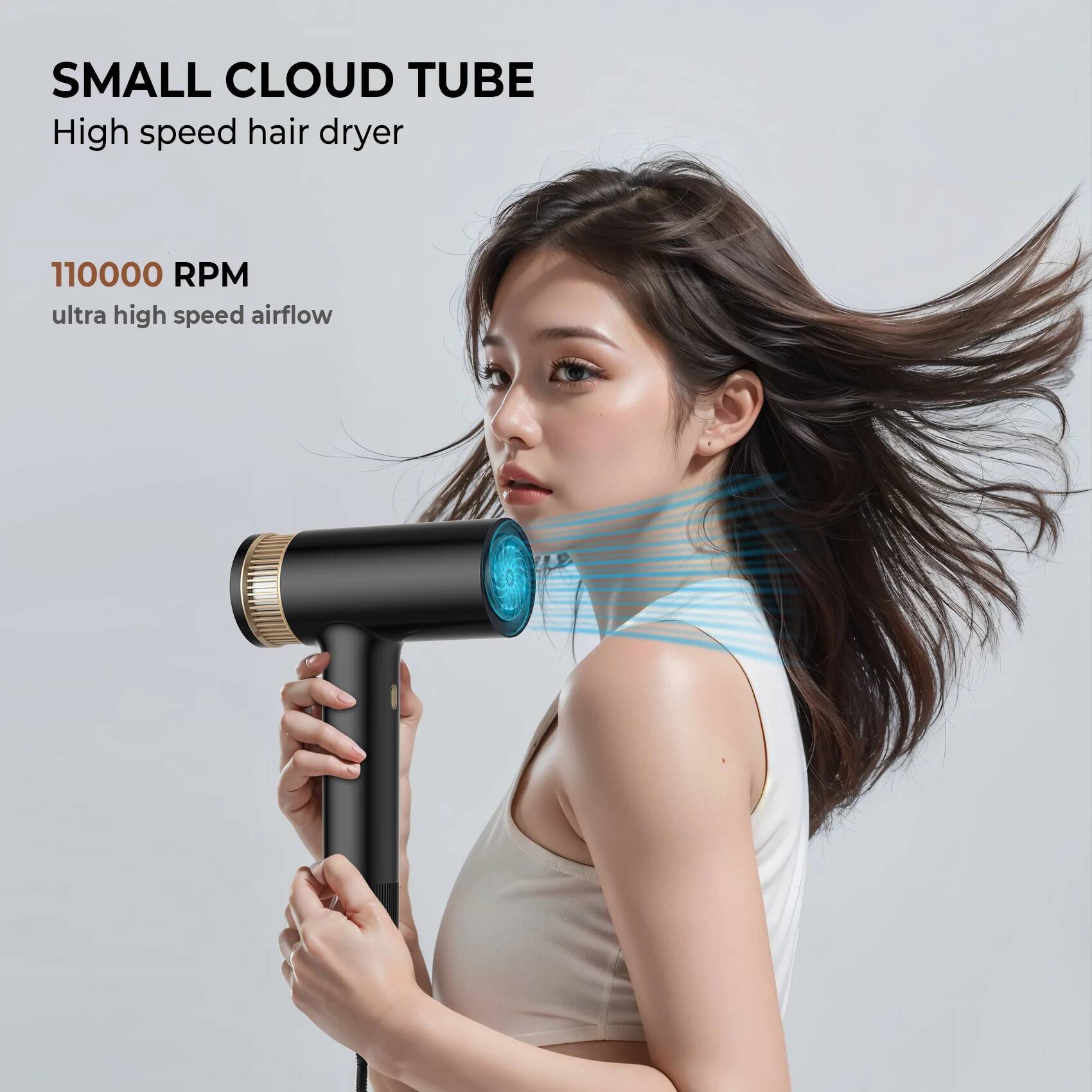 110000 RPM High-Speed Brushless Motor Negative Ionic Blow Thermo-Control Hair Dryer with Diffuser and Nozzle