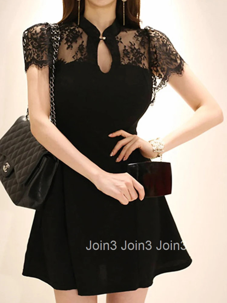 Korean Elegant Women Evening Dress Lady Black Retro Sexy Hollow Lace Sheer Slim Mini Gown Party Club Femme Mujer Vestido Summer