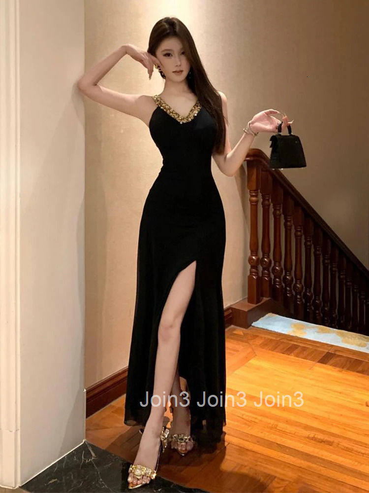 Women Clothes Retro Black Gold Sequin Sexy Strap Backless Slim A-Line Long Dress Elegant Fashion Evening Party Prom Vestido Robe