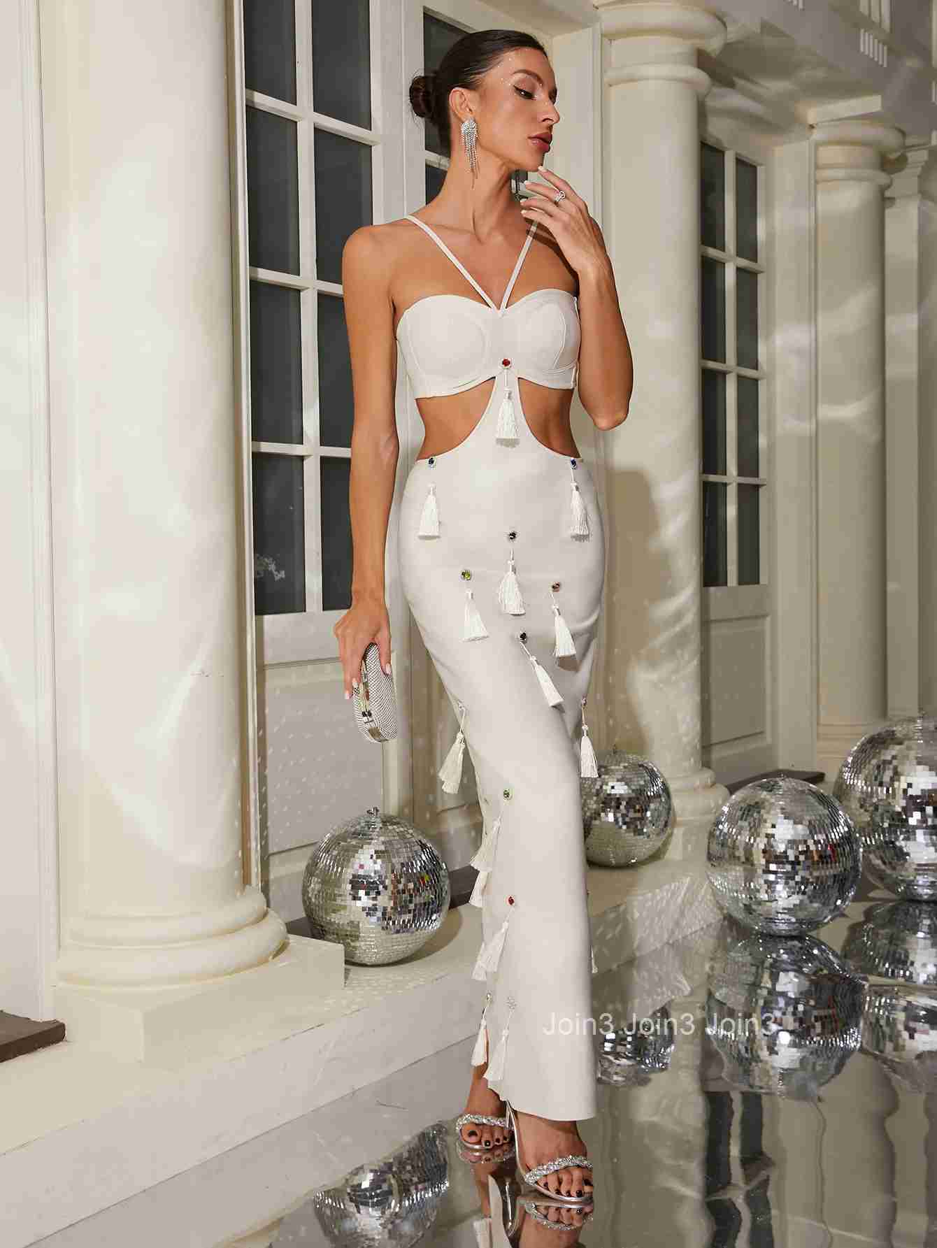 Fashion Suspender Bandage Dress With Hand Woven Tassel Design Elegant Long Vestidos Sexy Hollow Out Backless Cocktail Party Wear