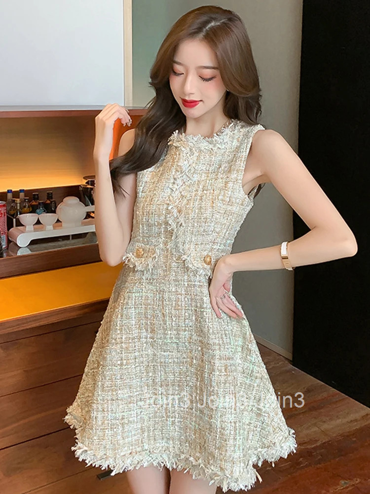 New Tweed 2 Pieces Outfits Women Ladies Vintage Short Coat Jacket Outwear And Sleeveless Slim Mini A-line Short Dress Mujer Set