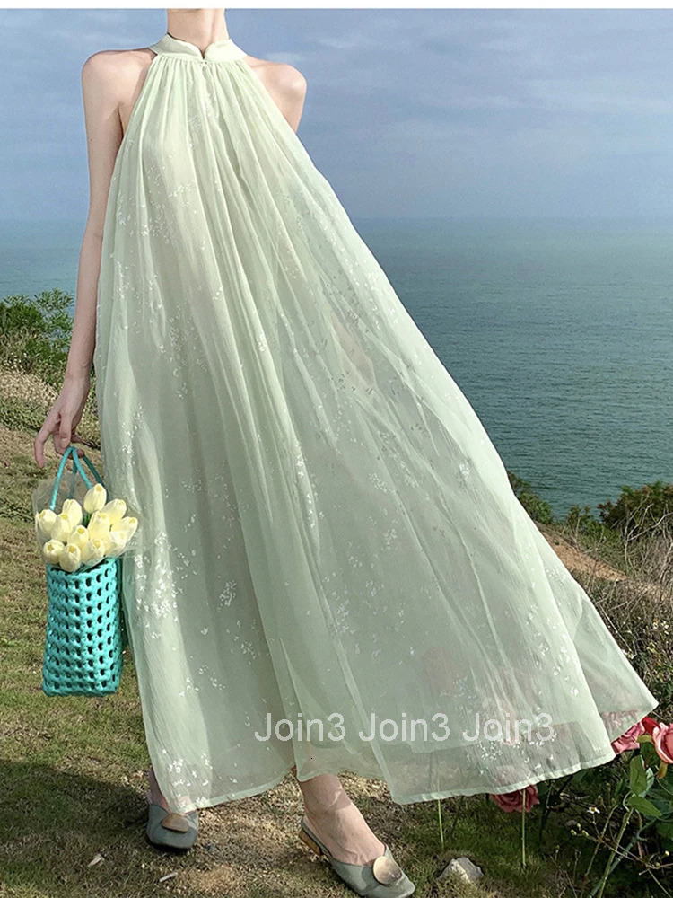 Summer Chiffon Long One Piece Dress Women Vacation Clothes Elegant Pretty Print Sleeveless Loose Maxi Party Robe Mujer Vestidos