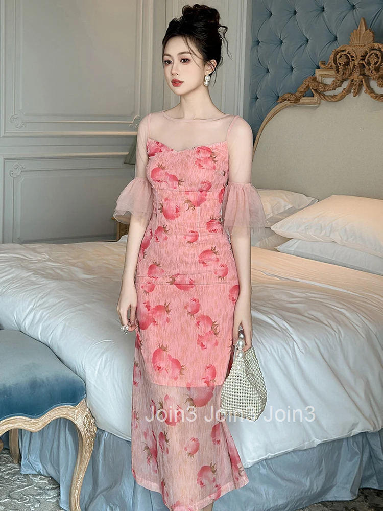 Summer Fashion Mesh Pink Floral Print Vacation Evening Dress Women Clothes Elegant Sweet Sheer Sexy O-Neck Skinny Party Vestidos