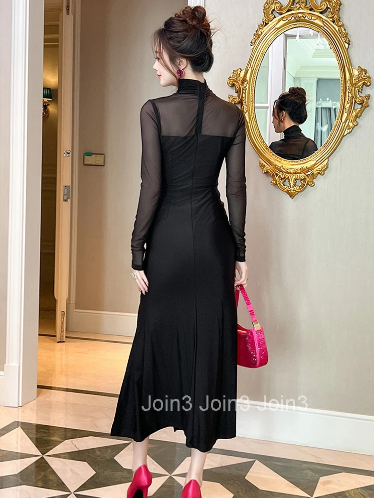 New Fashion Elegant Black Asymmetrical Evening Long Dress Women Clothes Sheer Sexy Long Sleeve Skinny Robe Party Prom Vestidos