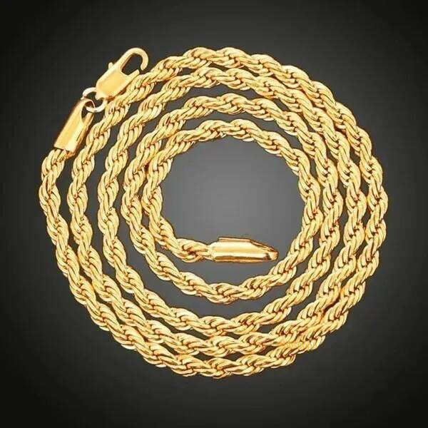 3mm Plated Gold alloy Necklace Fried Dough Twist Chain necklace Hip-hop Twisted Rope Cuban Lovers Party High-end Jewelry Gifts
