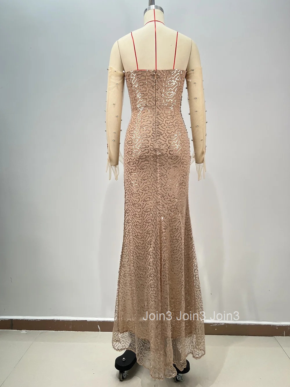 Newest Champagne Long Dress For Women Fashion Diamonds Embelling Sexy Gauze Splicing Bodycone Slim High Slit Cocktail Party Gown